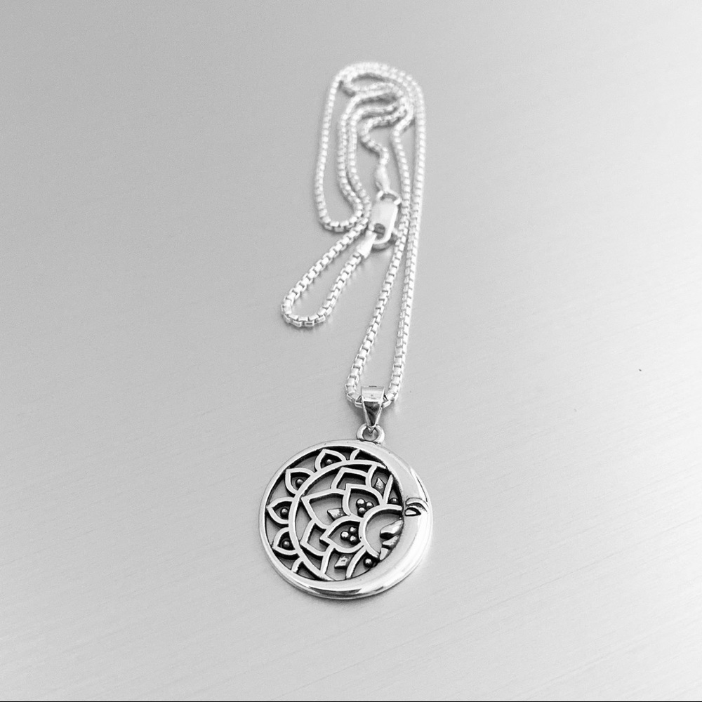 Sterling Silver Mandala And Crescent Moon Necklace